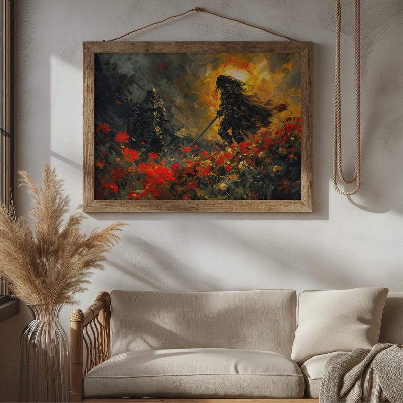 Elden Ring inspired framed artwork featuring Malenia vs Tarnished battle, hung in rustic wooden frame above neutral sofa. Vibrant print showcases Scarlet Rot flowers and fiery combat scene. Perfect for FromSoftware fans and gamers