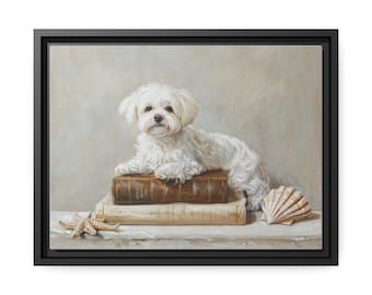 Adorable Maltese Puppy on Vintage Books | Framed Canvas Art Print | Cute White Dog Portrait Canvas Print | Living Room Wall Decor