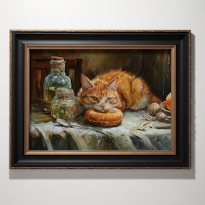 Guardian Ginger Cat Art Print - Donut Protector, Cozy Kitchen Scene, Printable Wall Art, Digital Download
