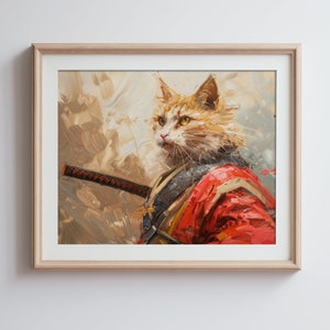 Intrepid Samurai Cat Art Print - Digital Download - Feline Warrior Wall Decor