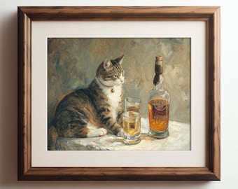 Cat and Whiskey Art Print - Cozy Feline Digital Painting - Printable Whimsical Home Decor