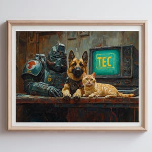 May include: A painting of a futuristic soldier, a German Shepherd dog, and a tabby cat. The soldier is wearing a helmet and armor. The dog is wearing a harness. The cat is sitting on a table. The soldier, dog, and cat are all looking at the viewer. The painting is set in a room with a computer monitor that says "TEC" on the screen.