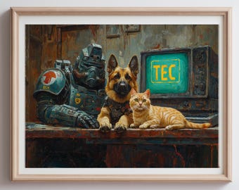 Post-Apocalyptic Companions: German Shepherd & Orange Tabby Cat with Power Armor - Retro Sci-Fi Gaming Art - Wasteland Oil Painting