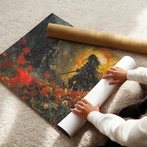 Rolled dark fantasy art print inspired by Elden Ring, featuring a dramatic scene of an armored figure amidst fiery red flowers and a blazing sunset. Perfect for fans of epic, atmospheric fantasy art, blending beauty with a haunting adventure
