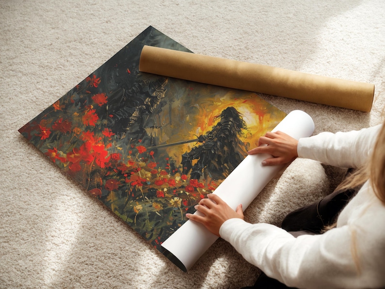 Rolled dark fantasy art print inspired by Elden Ring, featuring a dramatic scene of an armored figure amidst fiery red flowers and a blazing sunset. Perfect for fans of epic, atmospheric fantasy art, blending beauty with a haunting adventure