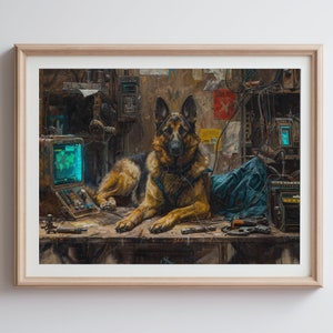 Wasteland Guardian Schäferhund Poster | Post-Apokalyptischer Sci-Fi Kunstdruck | Retro Gamer Wanddeko für Hundeliebhaber