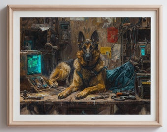 Wasteland Guardian German Shepherd Poster | Post-Apocalyptic Sci-Fi Art Print | Retro Gamer Wall Decor for Dog Lovers