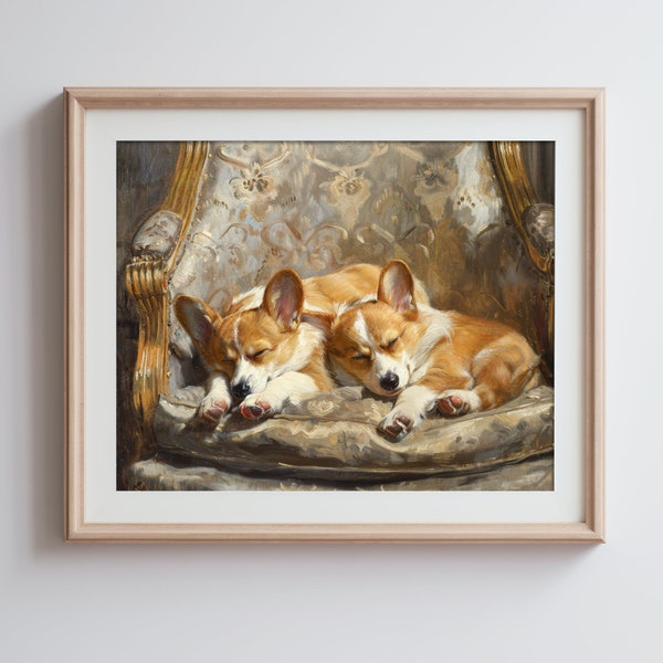 Regal Corgi Twins on Throne Digital Print - Royal Pet Portrait - Printable Corgi Art for Home Decor