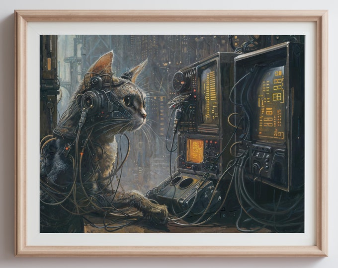 Cyberpunk Feline Explorer - Surreal Sci-Fi Steampunk Cat Poster Print - Edgerunners Poster - Sci Fi Art - Blade Runner Inspired Poster