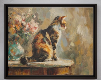 Vintage-Style Cat Wall Art with Flowers - Framed Cat Canvas Print - Home, Cafe, or Restaurant Decor - Perfect Gift for Cat Lovers