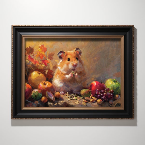 Adorable Hamster with Autumn Harvest Fruits & Vegetables - Printable Digital Download Oil Painting