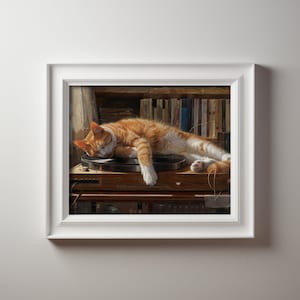 Cozy Cat Nap on Vintage Record Player Turntable, Art Deco Style Printable Digital Download