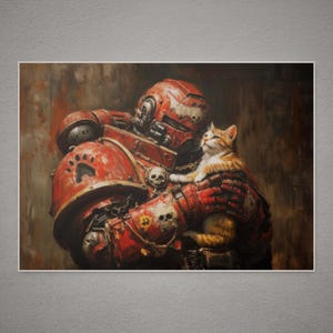 Epic Space Marine and Kitten Art Print - Warhammer-Inspired Poster for Gamers, Cat Lovers, and Sci-Fi Fans - Unique Wall Decor for Your Room