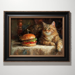 ハンバーガーを見つめる猫のアートプリント - 風変わりなダイナーの装飾 - 猫のグルメな壁アート - キッチン用デジタルダウンロード