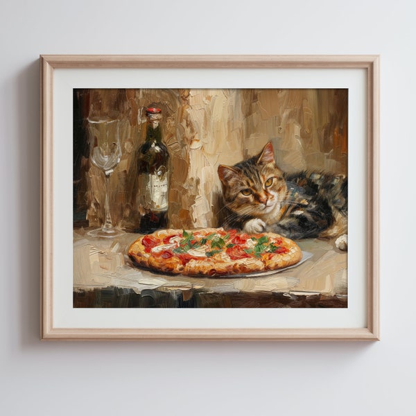 Tabby Cat & Pizza Digital Print - Charming Kitchen Art for the Foodie Cat Lover