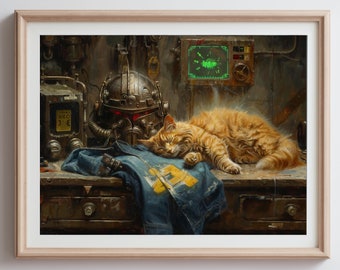 Fallout Cat Sleeping in Vault-Tec Jumpsuit | Funny Post-Apocalyptic Kitty Art | Poster | Art Print | Retro Sci-Fi Decor