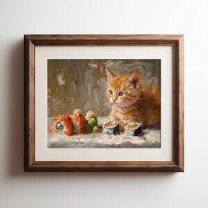 Fluffy Orange Tabby Kitten Contemplating Sushi  Adorable Printable Digital Download
