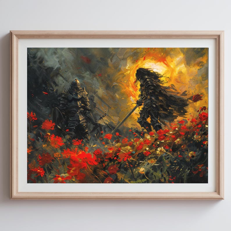 Art Poster of Malenia Blade of Miquella from Elden Ring surrounded by vivid scarlet rot flowers in a dark, atmospheric setting.