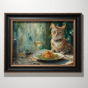 Getigerte Katze und Nudeln Art Print - Üppige grüne Esszimmer Dekor - Digital Download - Druckbare feline Kunstwerk