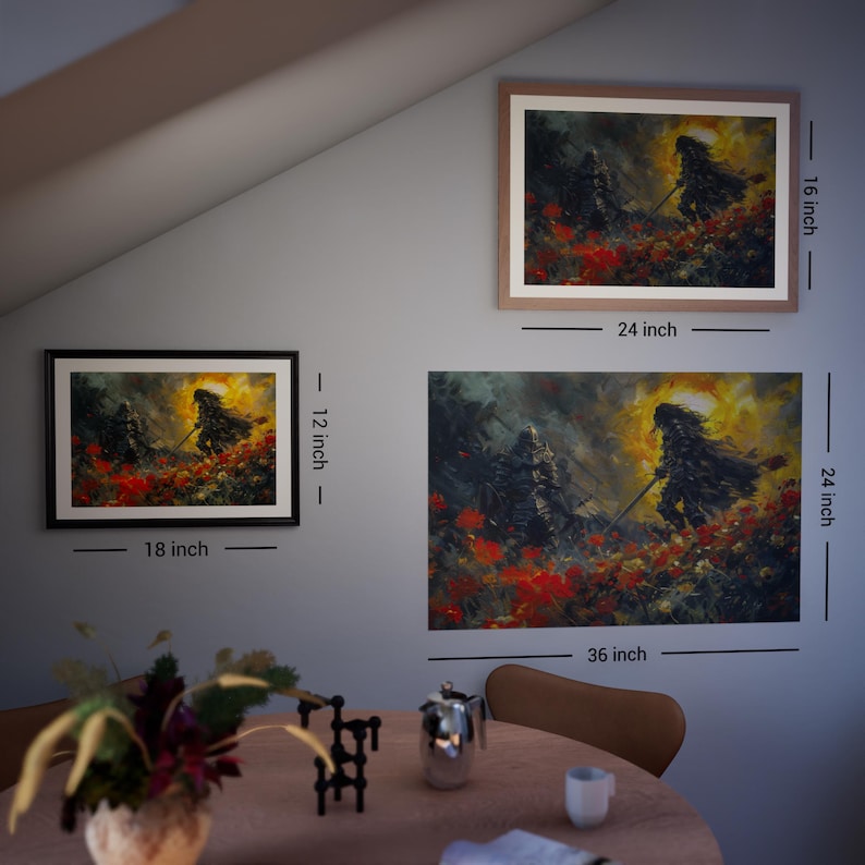 Elden Ring fan art prints in multiple sizes: 36x24, 24x16, and 18x12 inches. Dramatic battle scene of Malenia and Tarnished warrior amidst Scarlet Rot. Framed and unframed options shown in modern dining area, ideal for FromSoftware game enthusiasts