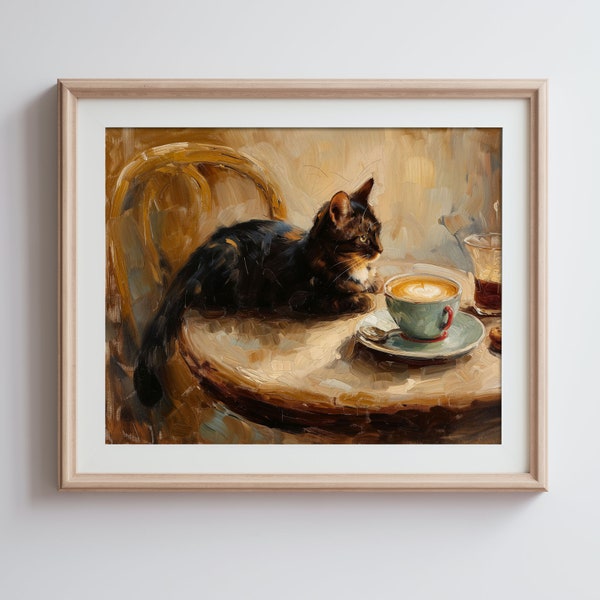 Cappuccino Cat Art Print - Coffee Shop Decor - Feline Enthusiast Wall Art - Digital Download for Cafés and Homes