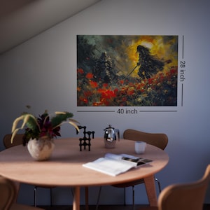 Elden Ring inspired art print showcasing Malenia vs Tarnished battle, sized 40x28 inches, displayed above dining table. Vibrant artwork features Scarlet Rot flowers and glowing Erdtree background, perfect for gaming room decor