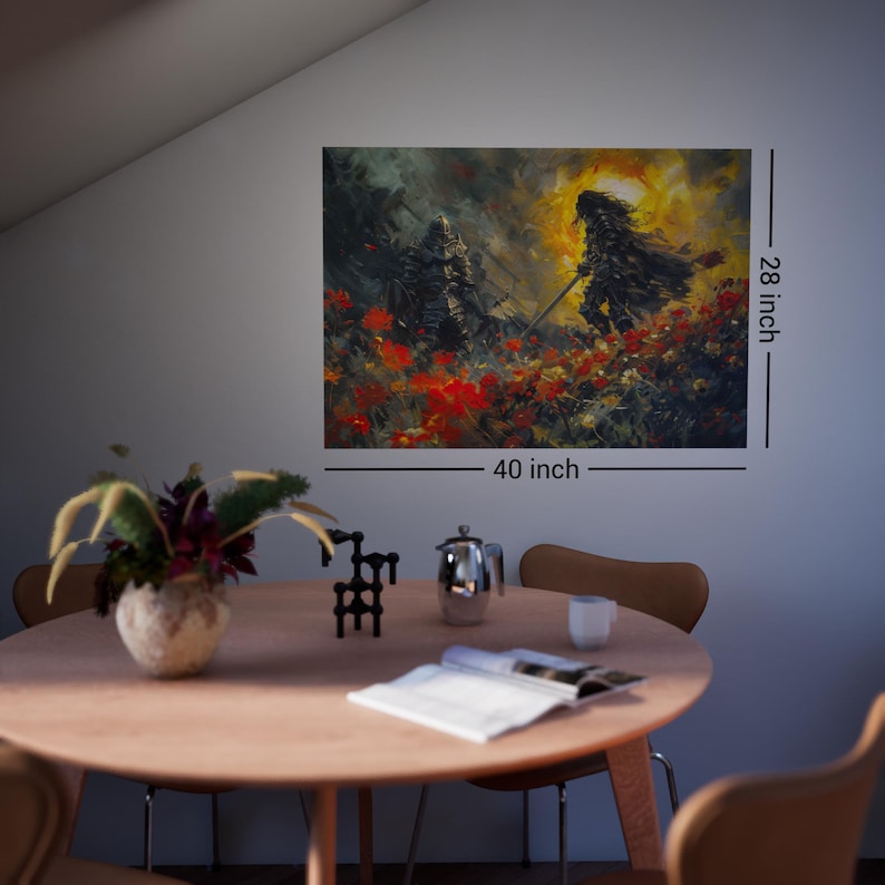 Elden Ring inspired art print showcasing Malenia vs Tarnished battle, sized 40x28 inches, displayed above dining table. Vibrant artwork features Scarlet Rot flowers and glowing Erdtree background, perfect for gaming room decor
