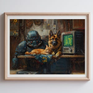 Wasteland Companions - Post-Apocalyptic Sci-Fi Art Print | Loyal Dog and Cat Duo in Retro Futuristic Decor for Gamers | Retro Vintage Poster