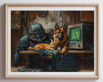Wasteland Companions - Post-Apocalyptic Sci-Fi Art Print | Loyal Dog and Cat Duo in Retro Futuristic Decor for Gamers | Retro Vintage Poster