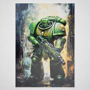 Epic Salamanders Space Marine Warhammer-Inspired Poster – Sci-Fi Art Print for Gamers & Collectors, Cat Lovers, Green Color and Sci-Fi Fans