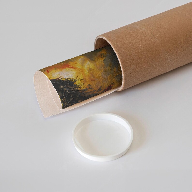 Art print inspired by Elden Ring rolled into a sturdy mailing tube, featuring a glimpse of a dramatic, fiery sunset and dark armored figure. Ideal for safe, stylish delivery of dark fantasy decor to fans and collectors alike.