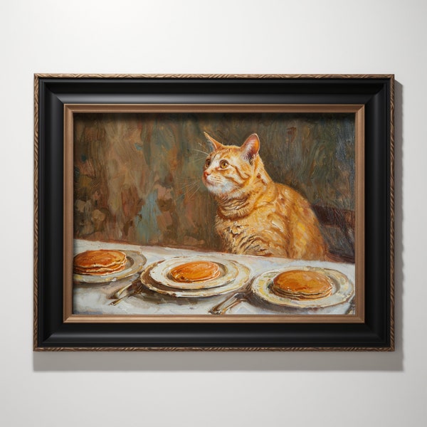 Charming Cat and Pancakes Oil Painting Style Digital Art Print | Printable Wall Decor for Cafe, Restaurant, Kitchen