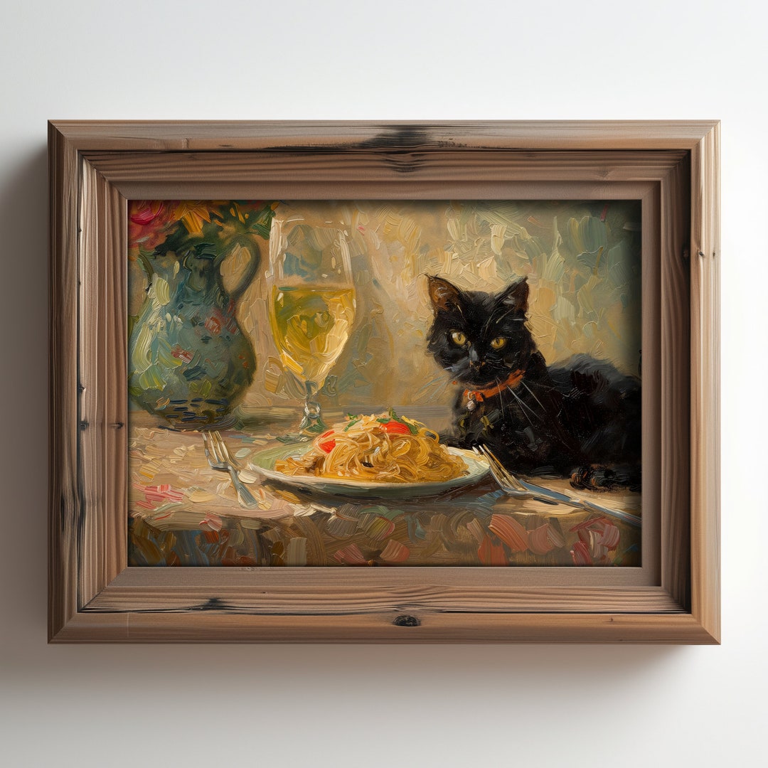 black cat chef art print: boho kitchen cooking poster... Black Cat and Pasta Art Print - Sophisticated Kitchen Decor - Printable ...