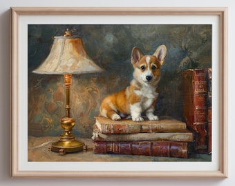 Cozy Library Corgi Puppy Painting Poster, Art for Home Decor, Corgi Art