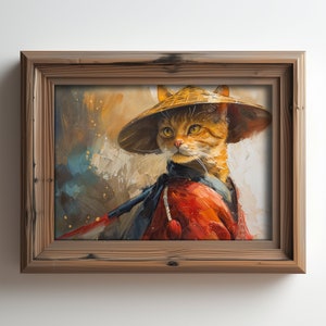 Samurai Cat Digital Print - Japanese Warrior Pet Portrait - Printable Wall Art Download