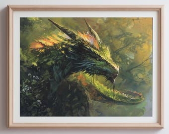 Póster de arte del dragón de Targaryen: Fuego Esmeralda - Bestia fantástica en un bosque frondoso - Decoración de pared inspirada en dragones