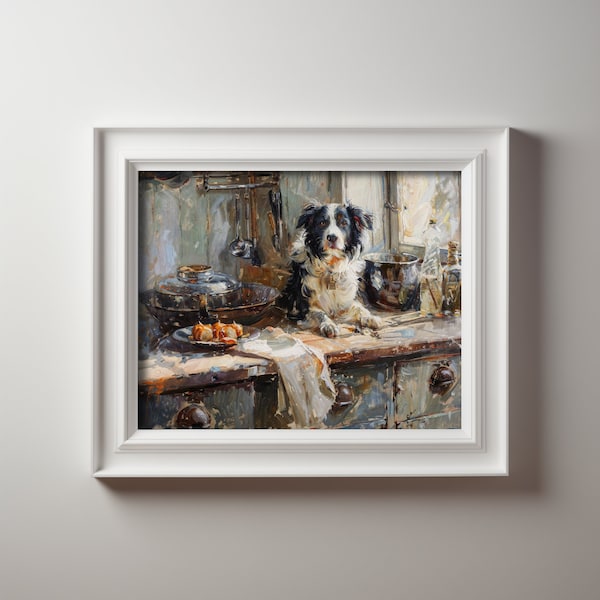 Adorable Border Collie Dog Messy Kitchen Art Print - Printable Digital Download