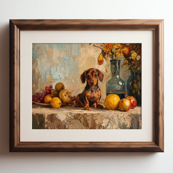 Charming Dachshund Puppy with Still Life - Printable Digital Download Artwork, Classic Oil Painting Style, Home Decor