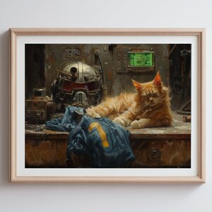 May include: A painting of a rusty workbench with a red and black helmet, a blue and yellow jumpsuit, and a ginger cat sleeping on top of it.