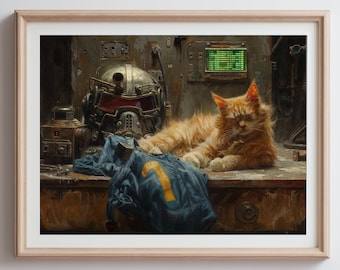 May include: A painting of a rusty workbench with a red and black helmet, a blue and yellow jumpsuit, and a ginger cat sleeping on top of it.