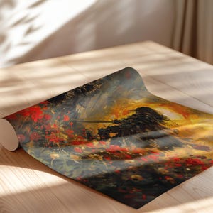 Rolled fantasy art print inspired by Elden Ring, depicting a dark armored figure amidst vibrant red flowers with a dramatic sunset in the background. A perfect choice for fans of dark fantasy, this piece captures a sense of epic, melancholic beauty.