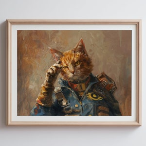 May include: A digital painting of a ginger cat wearing a blue and brown military-style uniform with a yellow symbol on the chest. The cat is looking at the viewer with a serious expression and has one paw raised to its forehead.