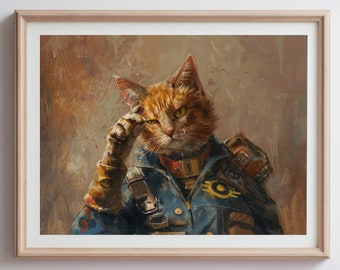 May include: A digital painting of a ginger cat wearing a blue and brown military-style uniform with a yellow symbol on the chest. The cat is looking at the viewer with a serious expression and has one paw raised to its forehead.
