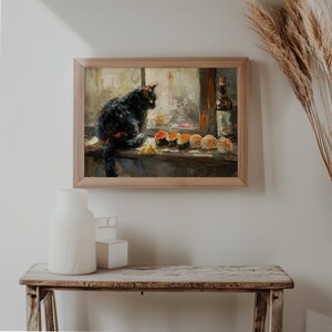 Sushi Lover Black Cat Oil Painting Style Art - Printable Digital ...