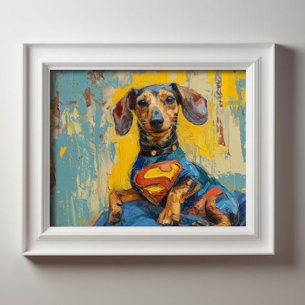 Super teckel digitale print - komische held hond kunst - vet afdrukbare Canine Decor downloaden