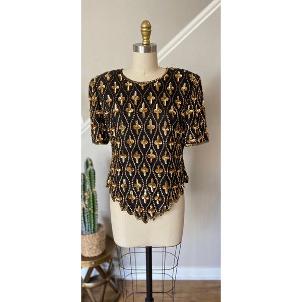 Feeling Like Royalty | 1980's Sequined Top | 100% Pure Silk, Made in India | Gold Cross Pattern | Handkerchief hem | Size PL