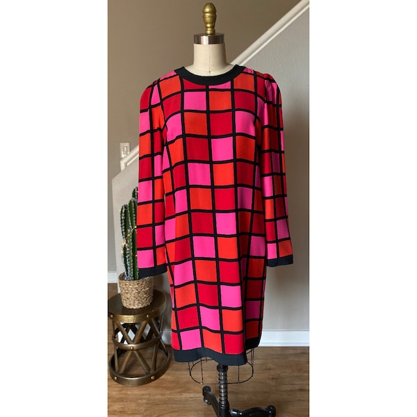 She’s Staying Alive  | 1980’s Silk Squares Dress  | Bright Red, Orange and Pink Squares | Austin Powers | Wear White GoGo Boots | Size 8/10