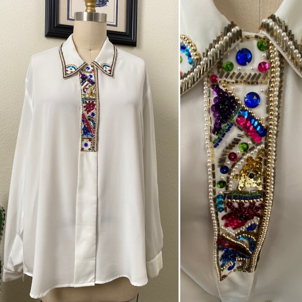 Its a Small World After All | 1980’s Button Down Top with Sequin Embroidery  | Size 16