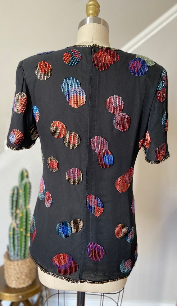 Dippin Dots | 1980's Dressy Silk Top with Beaded … - image 2