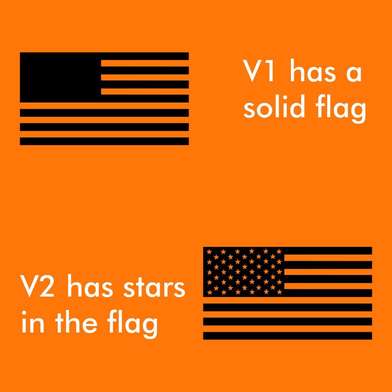 May include: Two black and white American flag illustrations on an orange background. The top flag is solid black and white. The bottom flag has white stars on the blue field. The text "V1 has a solid flag" is to the right of the top flag. The text "V2 has stars in the flag" is to the left of the bottom flag.
